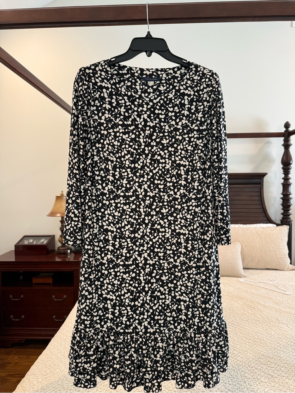 Tommy Hilfiger Black Dress with White Leaf Print, Long Sleeve